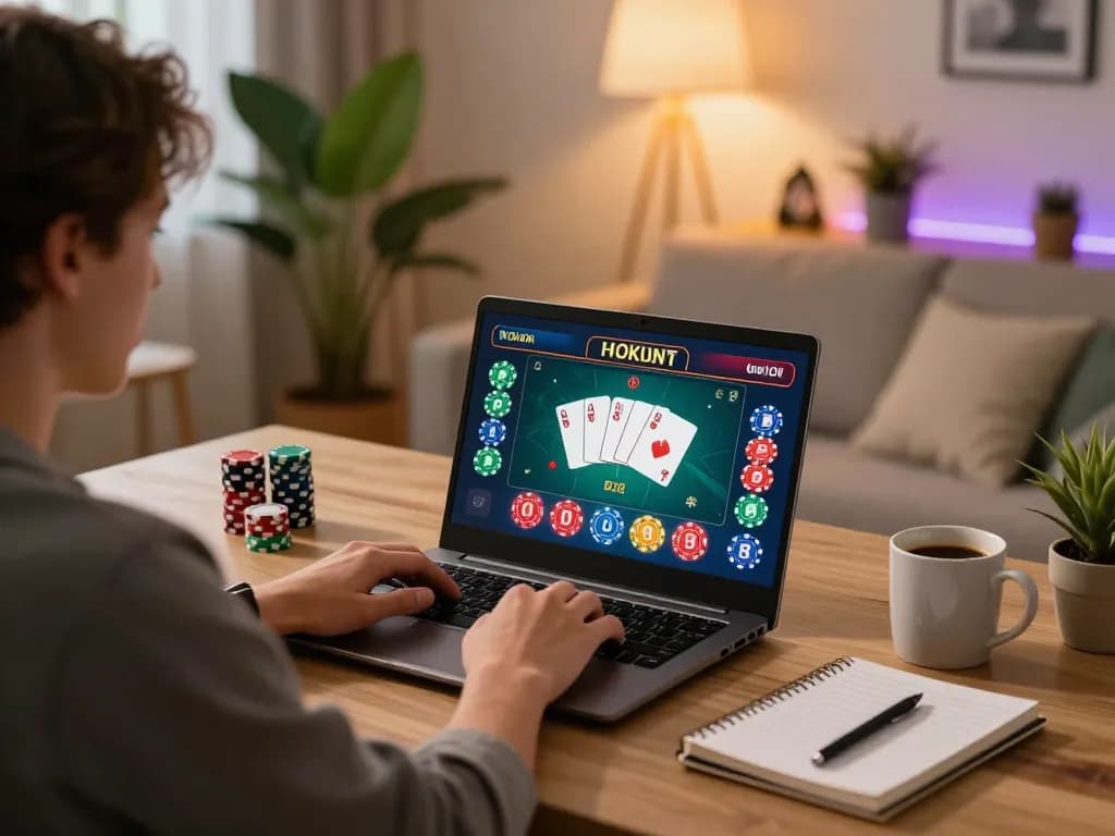 Engaged player using VN23 for online poker gaming with strategic notes.