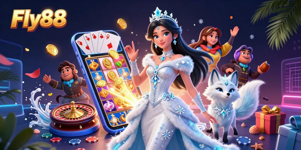 Play exciting games at Fly88, featuring a winter-themed woman and vibrant slot elements.