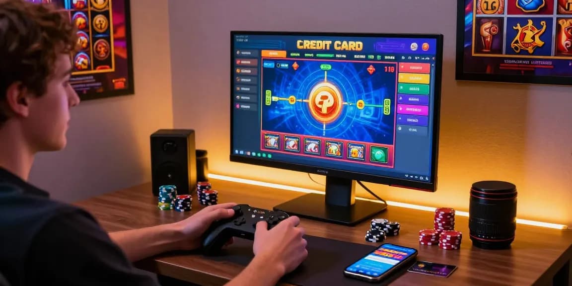 Dynamic gaming scene at credit card online casinos with vibrant visuals and cozy setup.