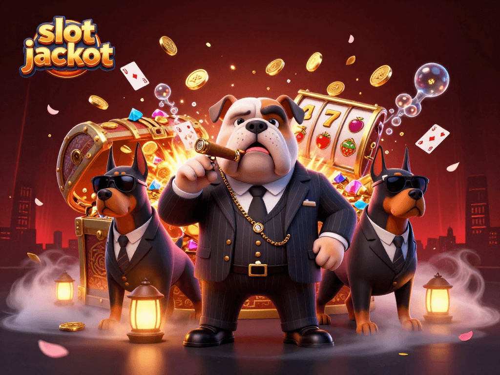 Capture the excitement of a slot jackpot with a mafia bulldog and two Dobermans surrounded by casino treasures.