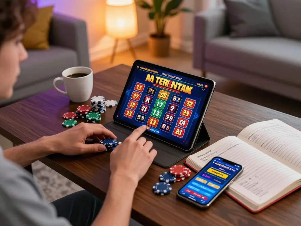 Engaging with Canada online casinos through a modern home gaming setup showing tablet gameplay and strategy notes.