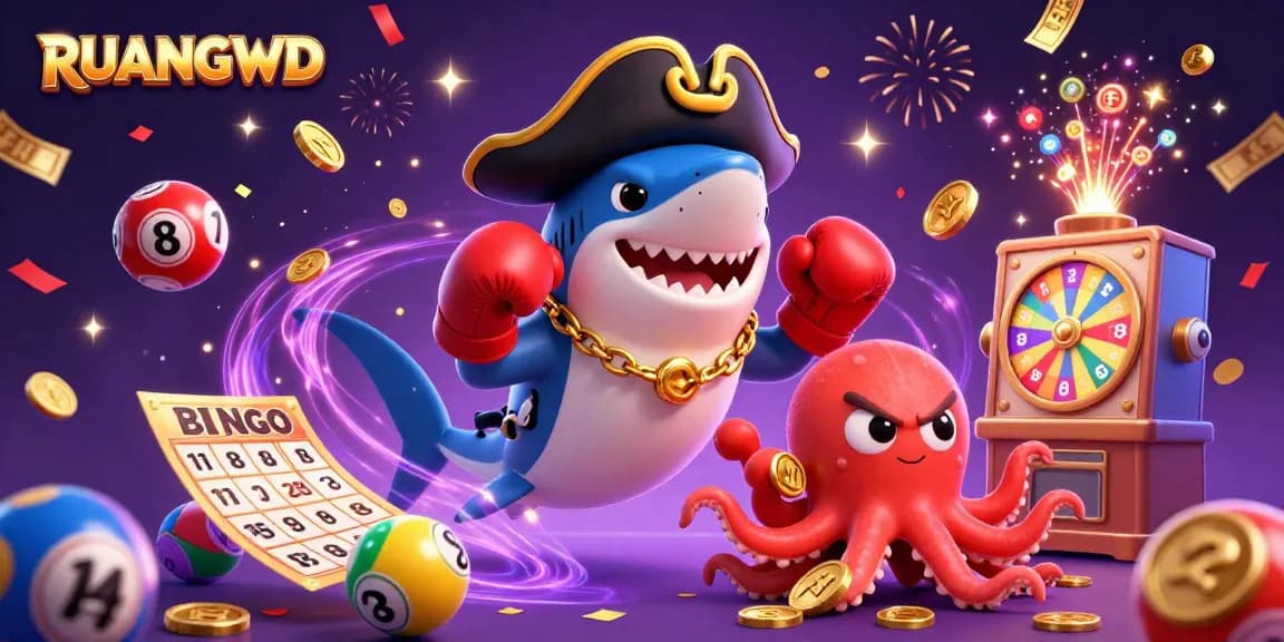Play exciting games at RUANGWD with a dynamic scene of vibrant casino elements and fun characters.
