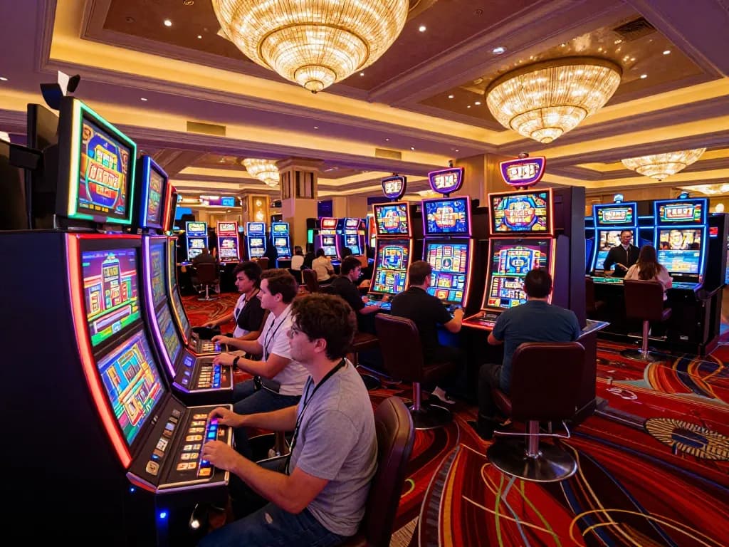 Players engaging with vibrant slot machines at an upscale Vegas casino, showcasing mm 88 excitement and energy.