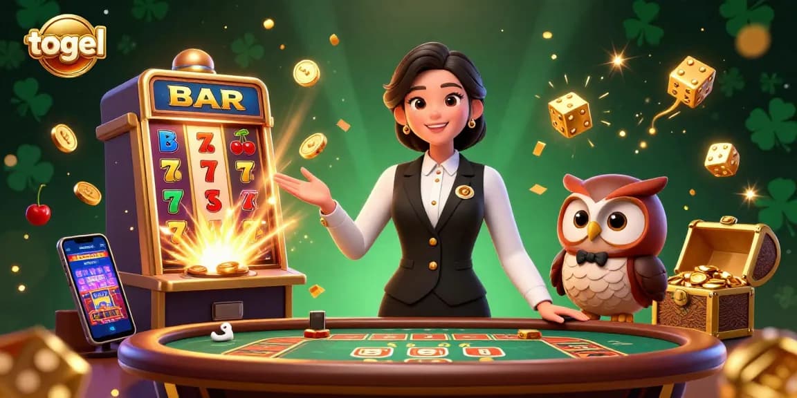 Experience thrilling togel action at a lavish baccarat table with dynamic casino elements and playful characters.