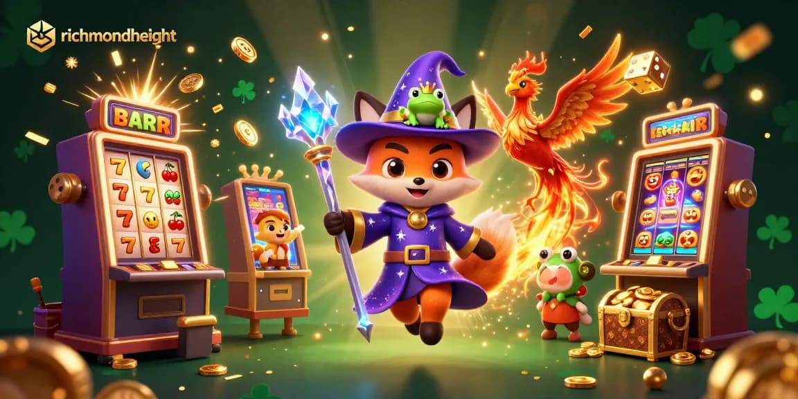 Gambarlah slot jackpots di richmondheight dengan simbol keberuntungan dan cahaya api yang bersinar.