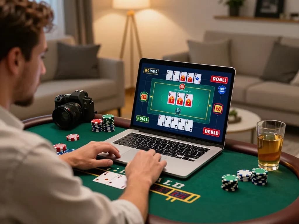 Engaged player enjoying a live dealer blackjack game online at hello88 from their cozy home.