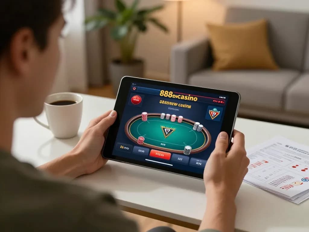 Engaging gameplay on 888newcasino's poker interface during a cozy home session.