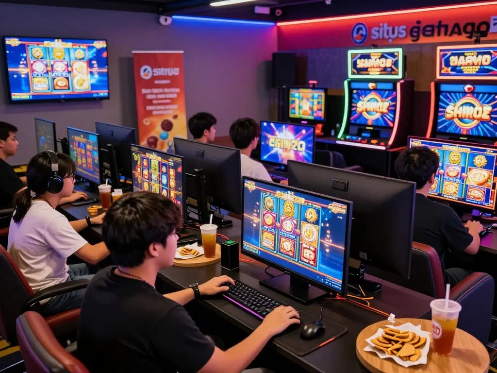 Situs slot gacor gaming environment with diverse players enjoying vibrant slot games in a modern lounge.