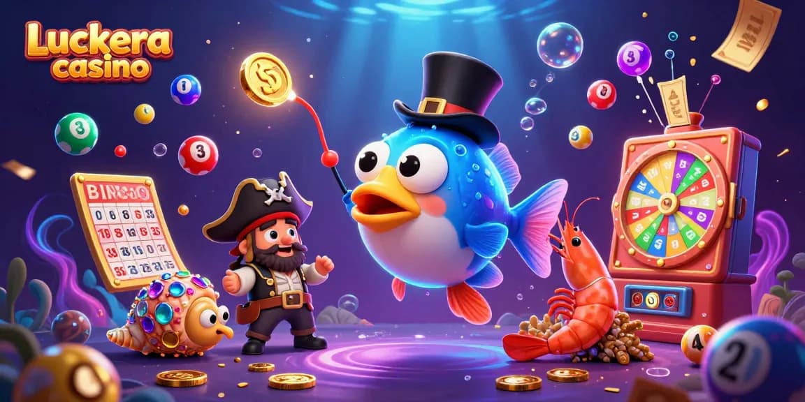 Luckera casino showcases a vibrant underwater scene with an anglerfish, shrimp, and sea snail surrounded by dynamic gaming elements.