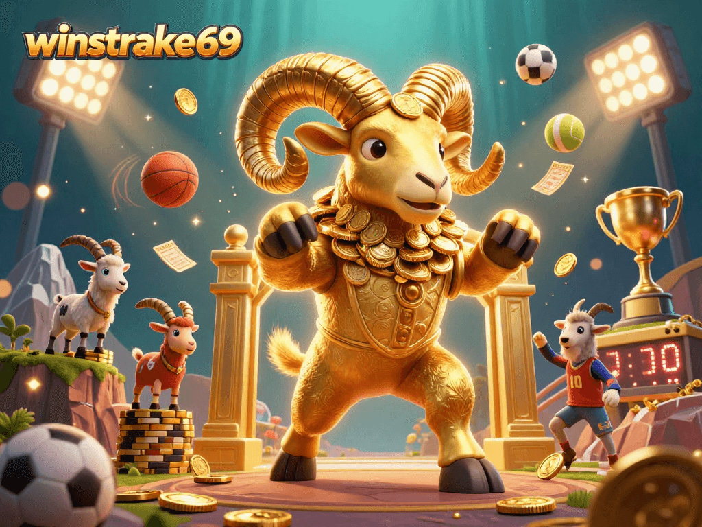 Join the action at winstrike69 with dynamic 3D sports elements and a golden ram charging towards victory.