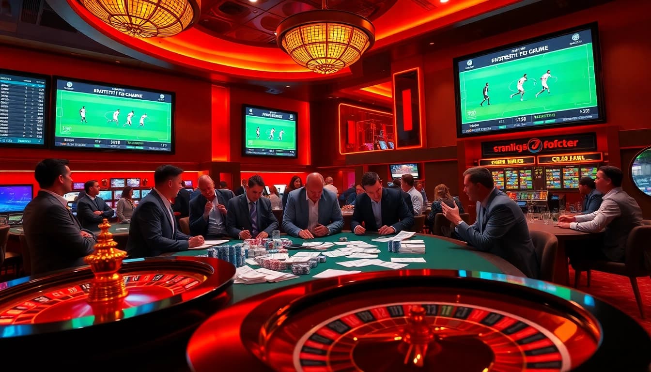 Bet on แทงบอลโลก with excitement in a luxurious sports betting environment, featuring live football matches and engaging bettors.
