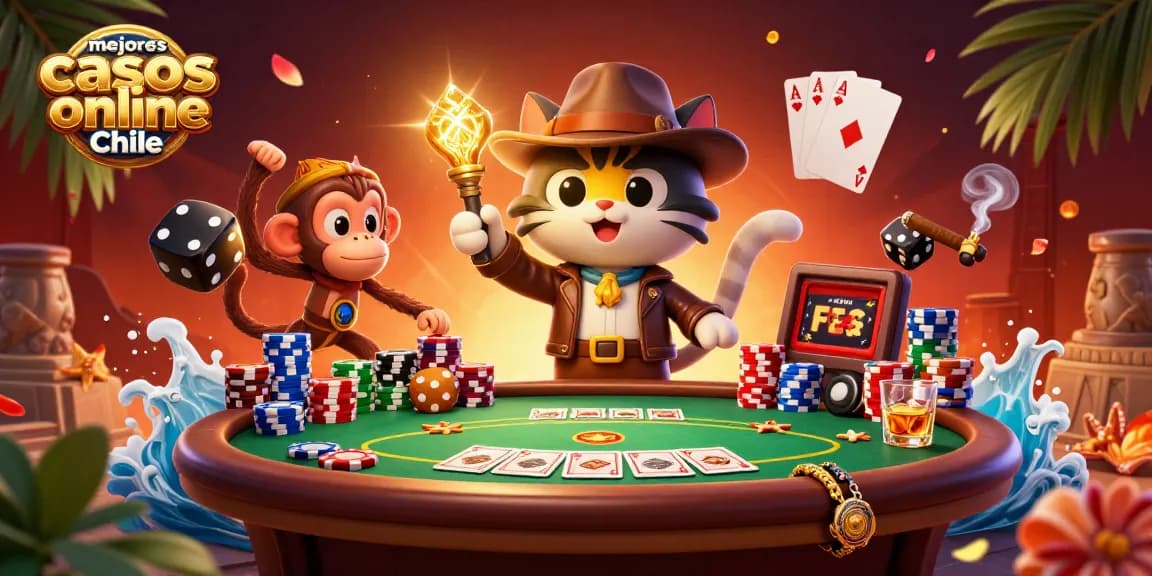 Explora los mejores casinos online en Chile con nuestra ilustración vibrante de un gato arqueólogo en un templo.