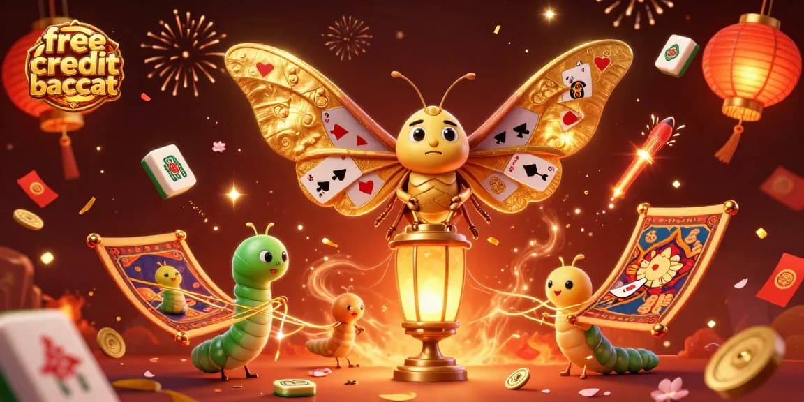 Engage with free credit baccarat through an enchanting scene of a moth and golden casino elements.