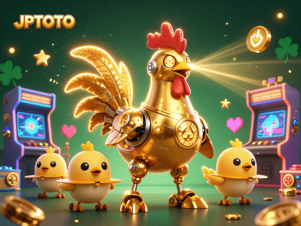 Experience exciting gameplay with JPTOTO's golden rooster robot and its crew in a vibrant casino scene.