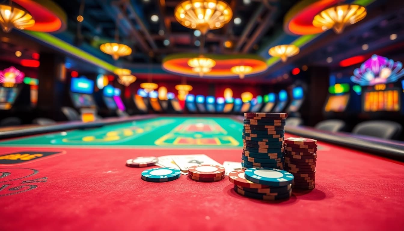 Permainan situs toto dengan meja kasino dan chip berwarna-warni yang menonjol.