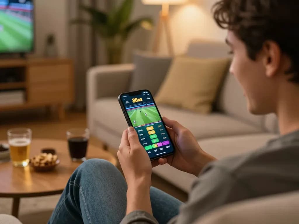 Person using 88aa app on a smartphone to place sports bets from a cozy home environment.