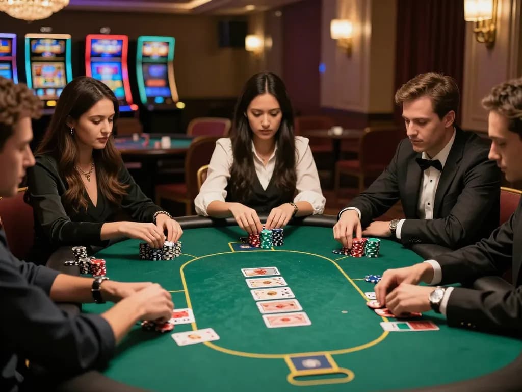 XRP casino atmosphere with players engaged in a thrilling poker game surrounded by elegant decor.