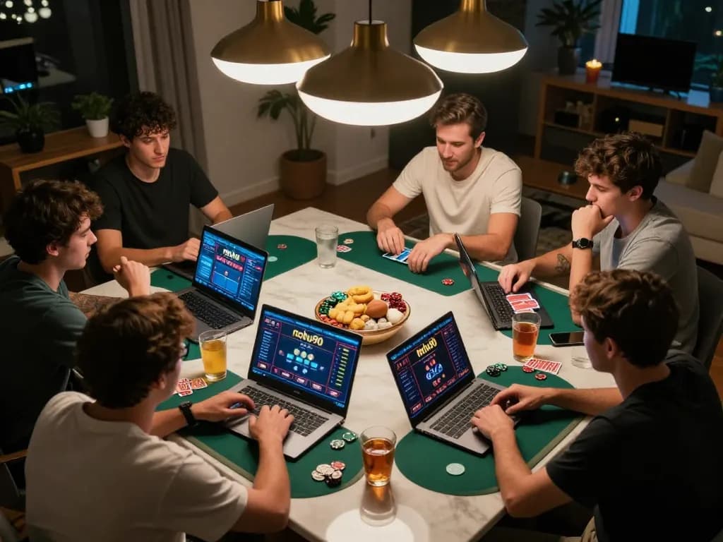 Friends enjoying a vibrant nohu90 online poker night, discussing strategies around a dining table