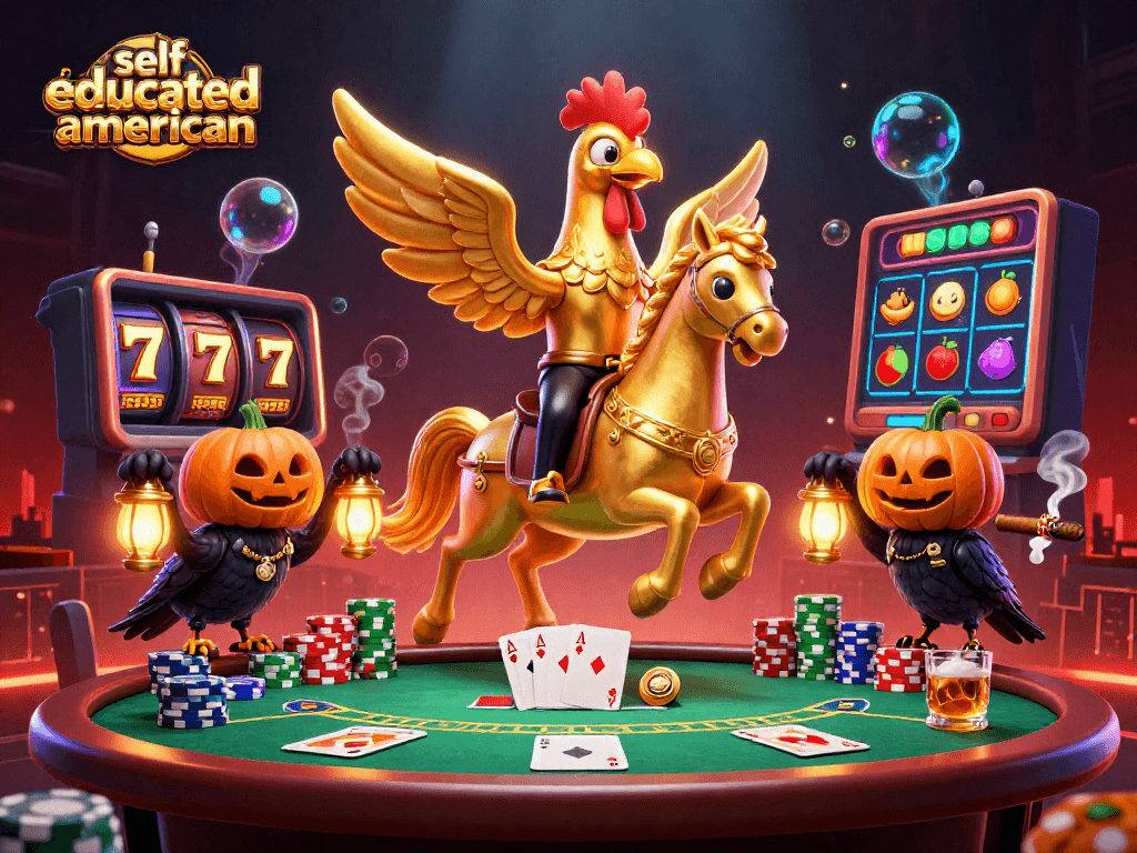 Experience the thrill of selfeducatedamerican with a golden rooster in a vibrant casino scene.