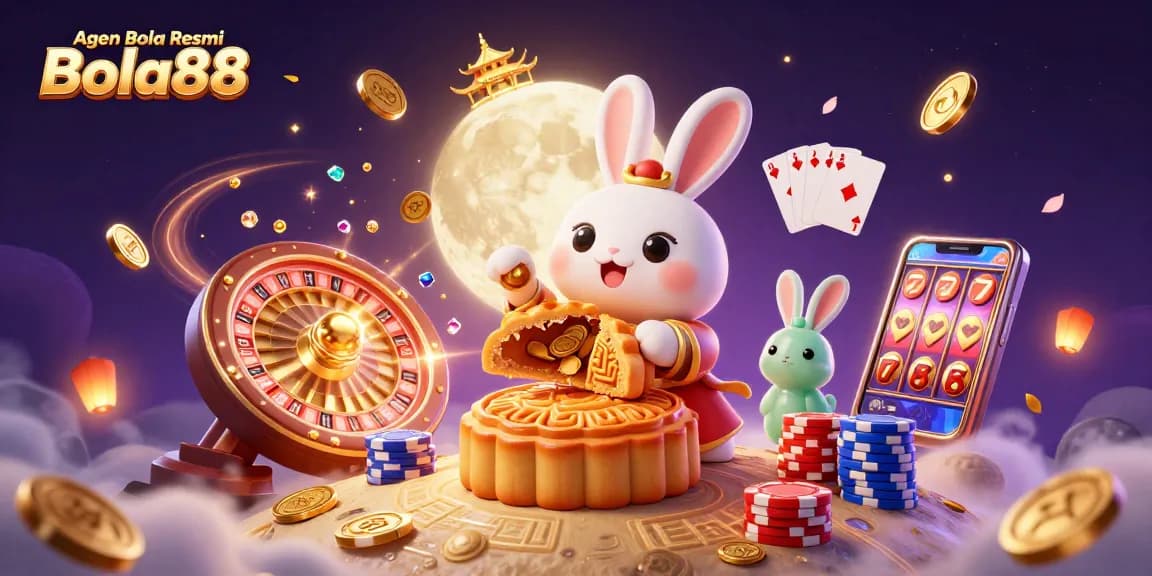 Agen Bola Resmi Bola88 showcases a vibrant scene with a moon rabbit surrounded by golden coins and poker chips.
