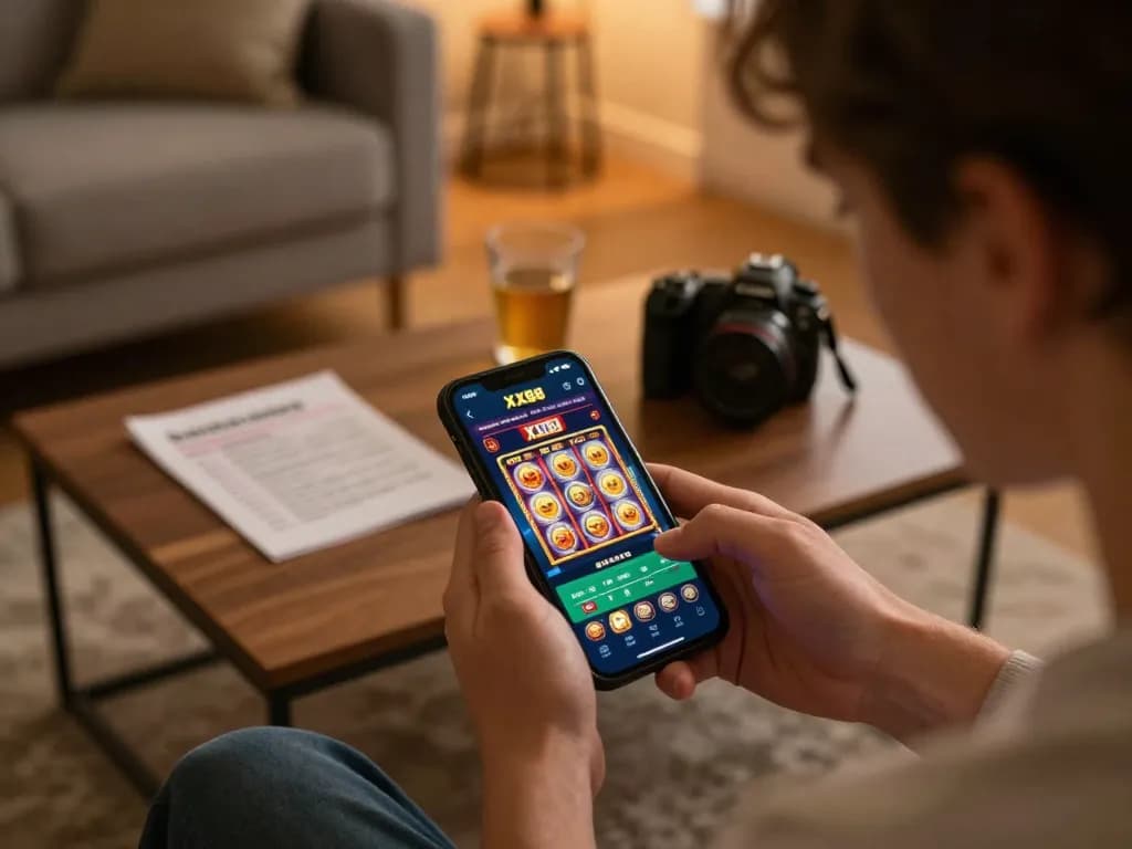 Player engaging with the XX88 casino app on smartphone, highlighting vibrant gaming graphics and a cozy atmosphere.