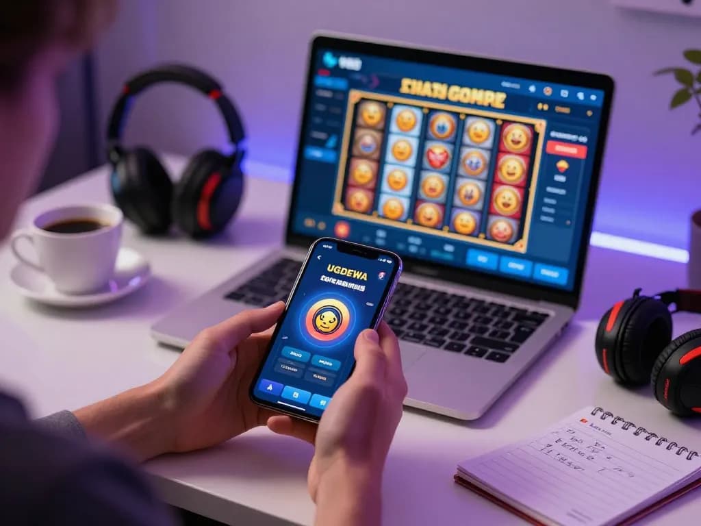 Engaging with the UGDEWA casino app on a smartphone in a cozy home setup.