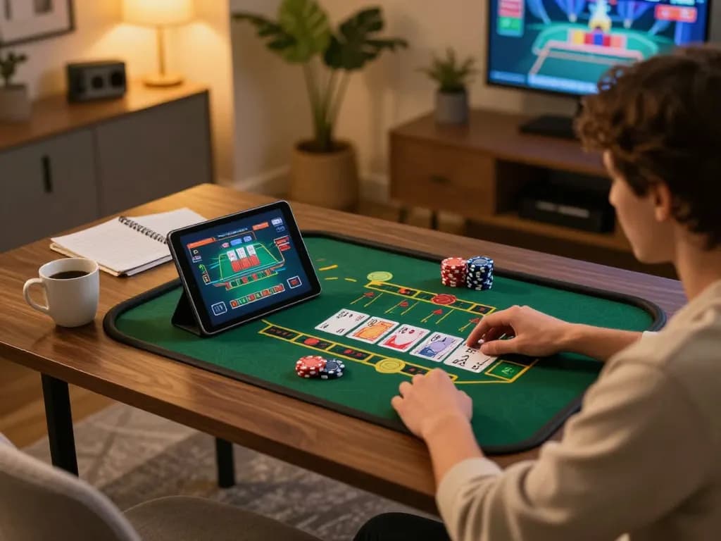 Engaging online blackjack gameplay at home with dash88 gaming interface visible on tablet, capturing interactive experience