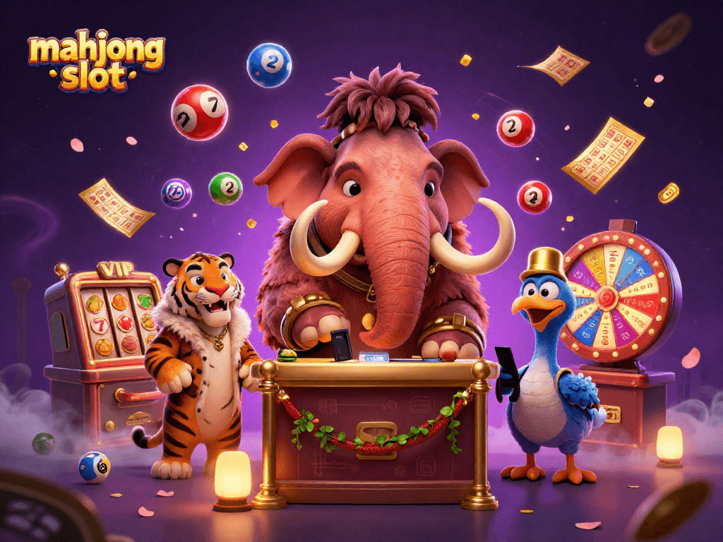 Engage with mahjong slot in an ultra-detailed 3D scene featuring whimsical casino characters and vibrant game elements.