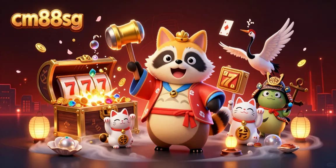 Experience thrilling wins with cm88sg's vibrant casino scene featuring lucky raccoons and games.