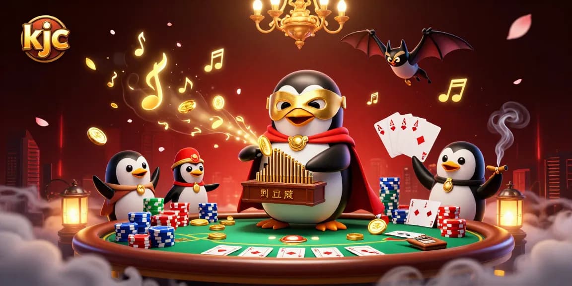 Experience thrilling gameplay with KJC as a penguin organist unleashes gold coins in a rich casino fantasy.