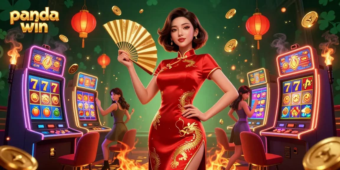 Ilustrasi 3D vibrant kasino Panda Win dengan grafis yang menakjubkan dan mesin slot.