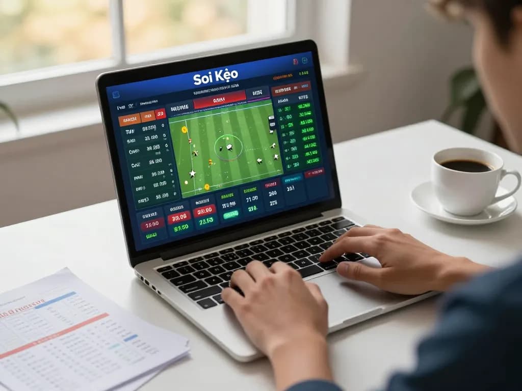 Soi Kèo sports betting live odds displayed on a laptop, highlighting active engagement in responsible gambling activities.