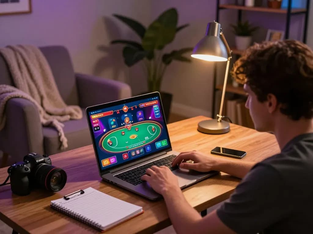 CM88 player engaging in online poker strategy at home, showcasing a cozy gaming setup with laptop and notepad.