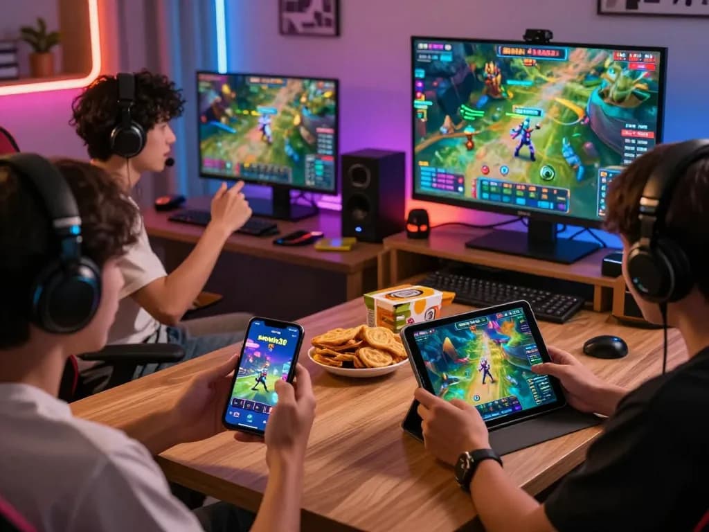 Engaged players enjoying the online gaming experience of sunwin20 in a vibrant, cozy setup.