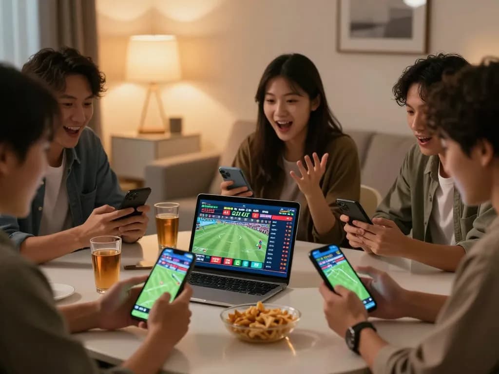 Placing sports bets using mobile devices, showcasing MM88 gameplay in an exciting home setting.