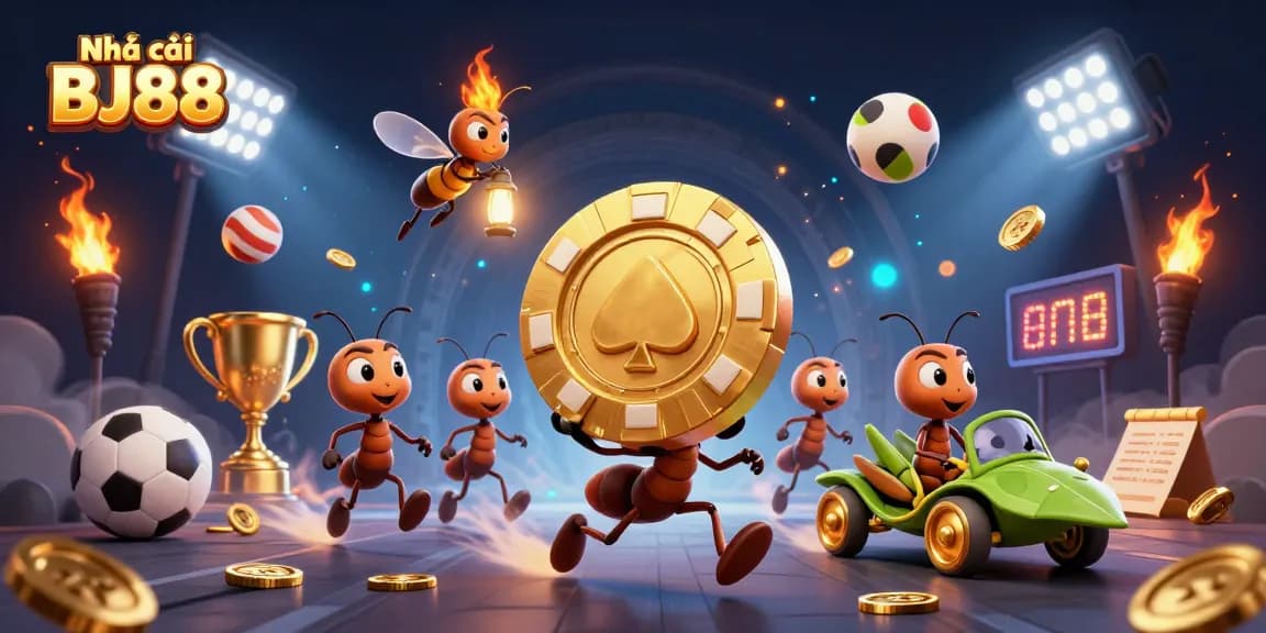 Place your bets at Nhà cái BJ88 with a thrilling heist scene featuring 3D cartoon ants.