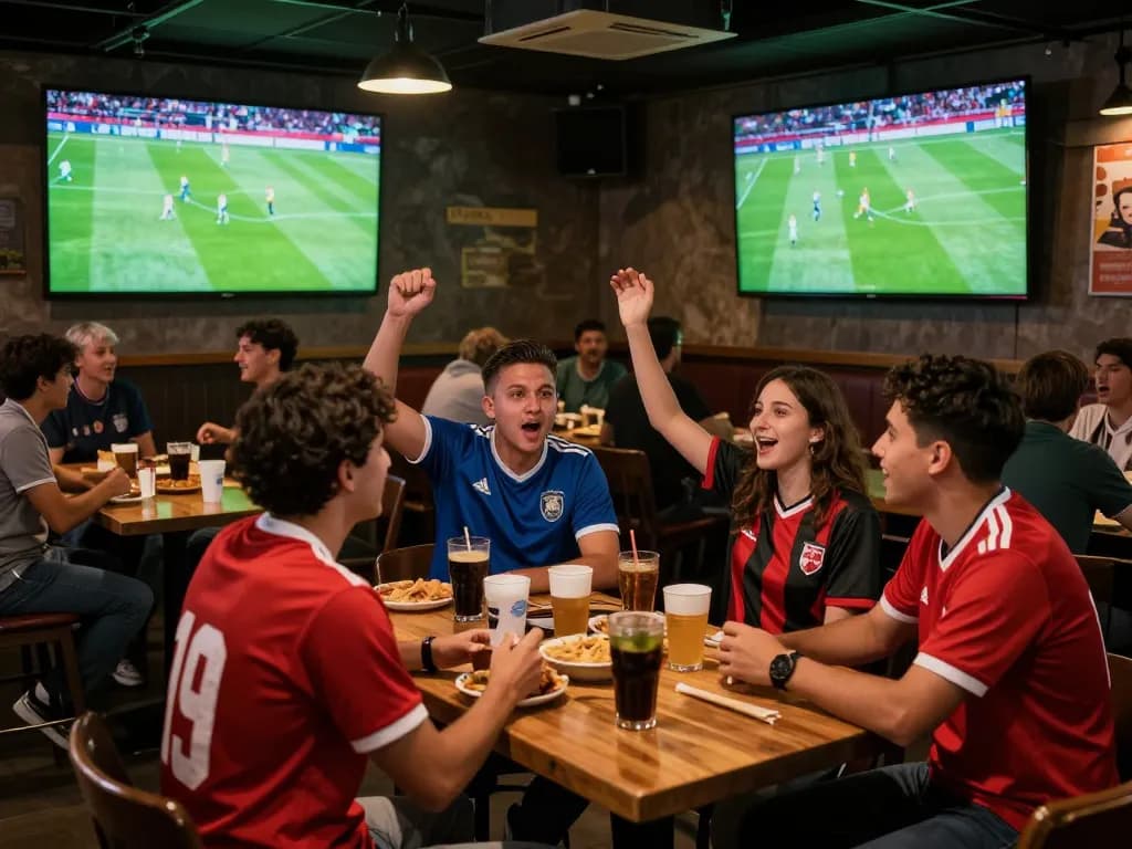 Fans celebrating Trực Tiếp Bóng Đá at a sports bar during major football match viewing