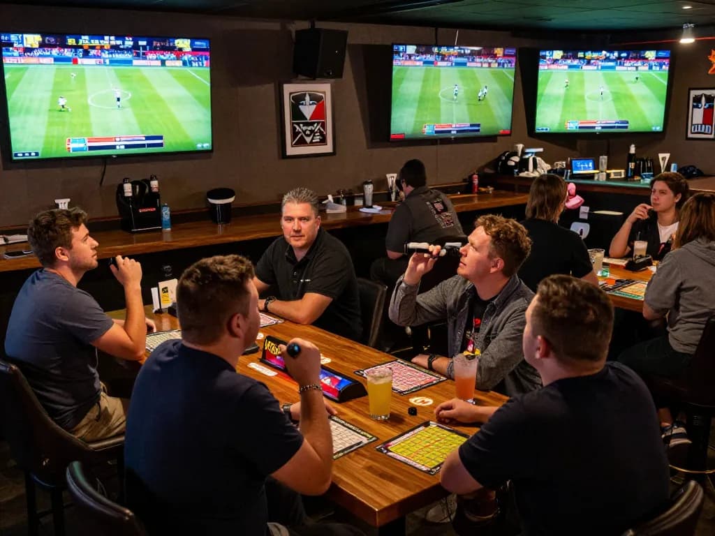 uu88 players engaging in exciting sports betting with drinks and betting slips during a lively event.