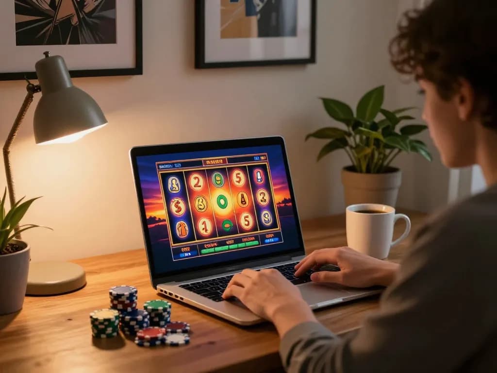 Playing vibrant sunset slot game online with sun win strategy in cozy home setup