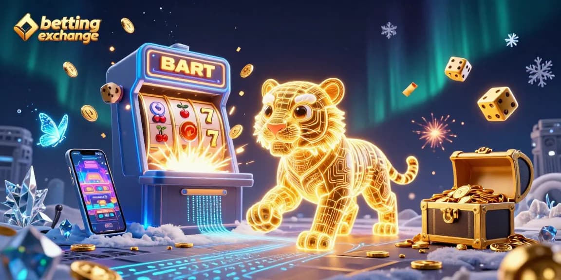 Experience the excitement of a betting exchange with a neon-wireframe golden tiger in a vibrant digital casino landscape.