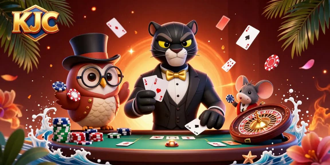 KJC players enjoying a lively casino scene with a stylish panther dealer, owl and mouse, and vibrant gambling elements.