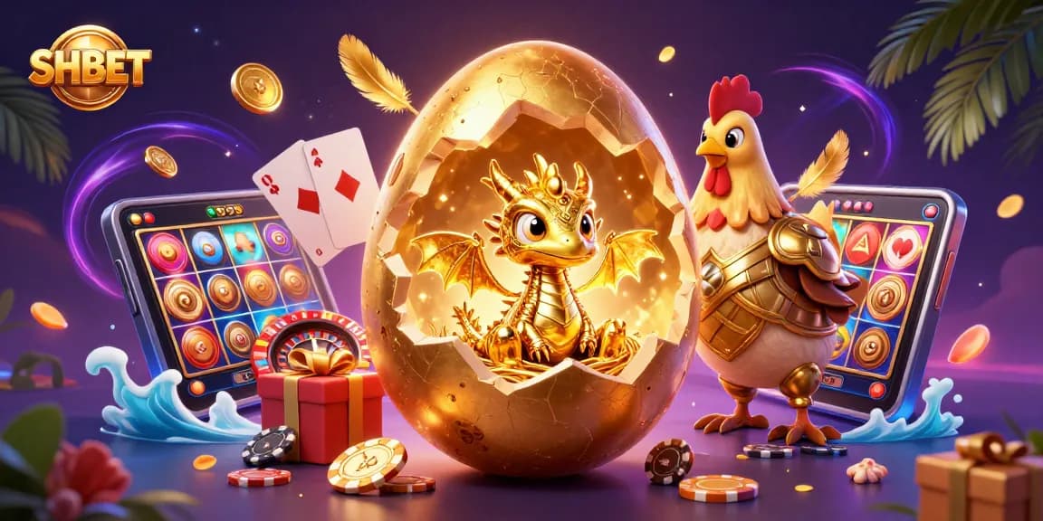 Experience exhilarating SHBET gaming with golden dragon, poker chips, and vibrant casino elements.