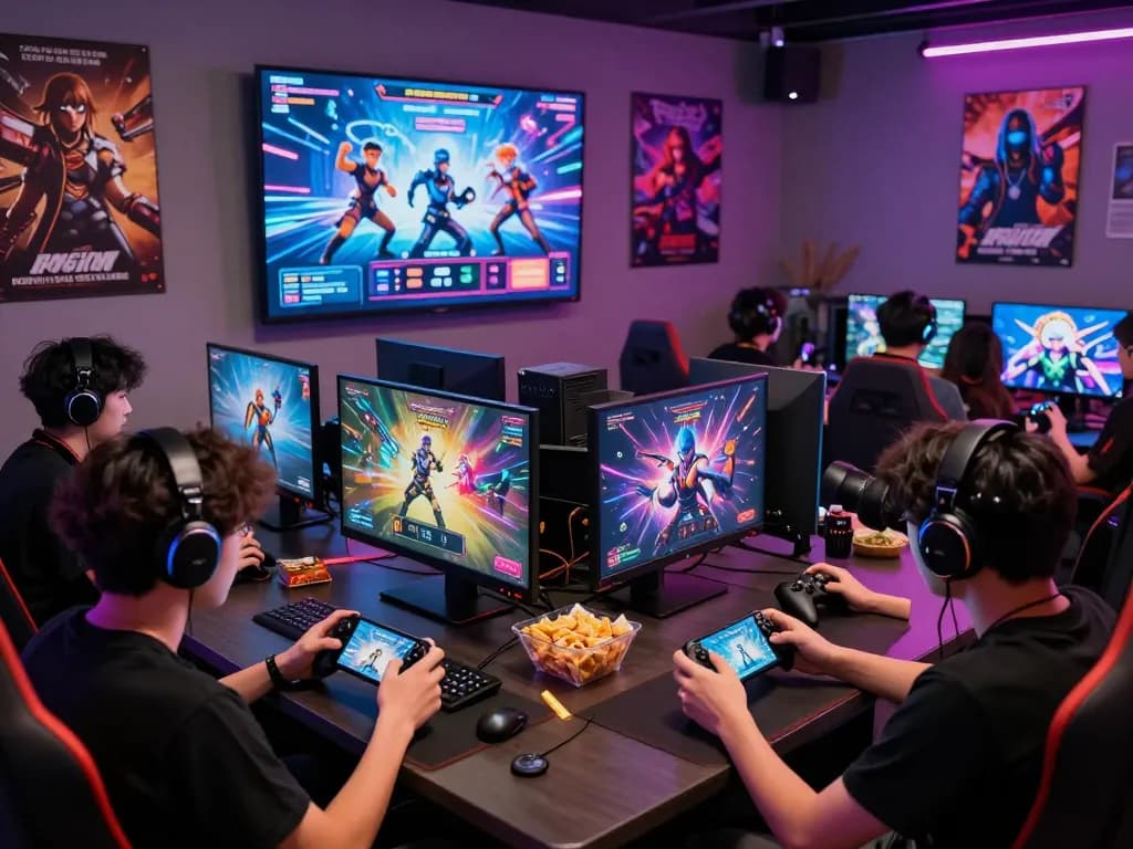 Gamers enjoying interactive porngames in a vibrant gaming lounge with diverse characters and digital art.