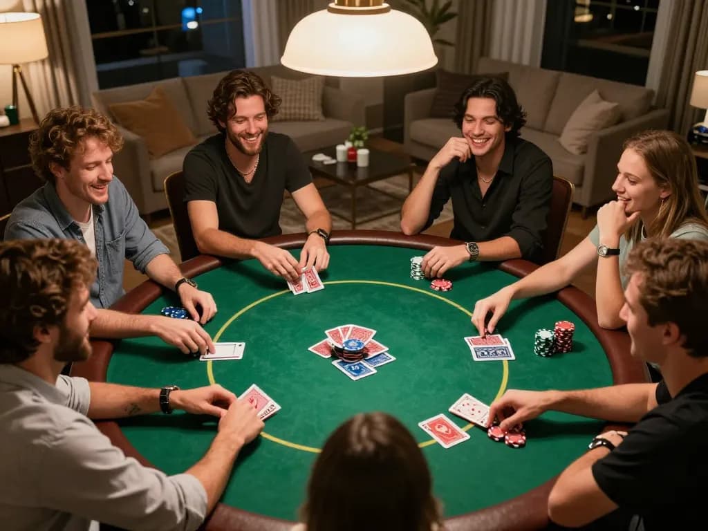Friends enjoying a competitive poker night at home showcasing dh88 strategic gameplay.