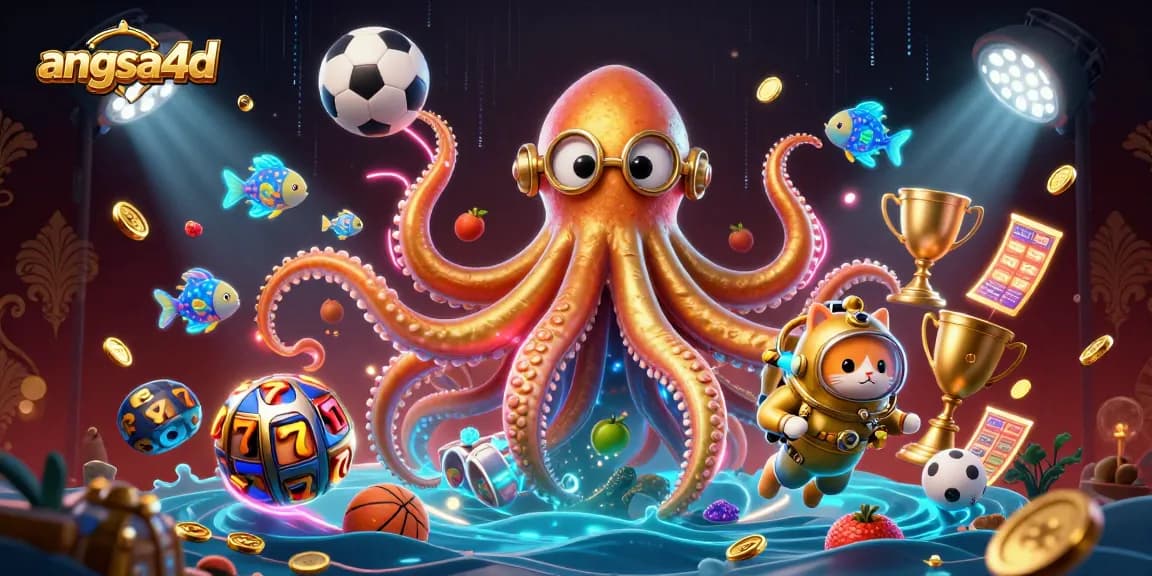 Engage with angsa4d in this vibrant 3D casino scene featuring a kraken and vintage diving cat.