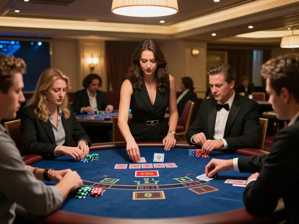 FB88 players engage in an exciting live dealer blackjack game at an upscale casino.