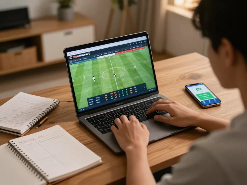 Person analyzing Keo nha cai 5 platform for sports betting during a match, showcasing live odds and strategies