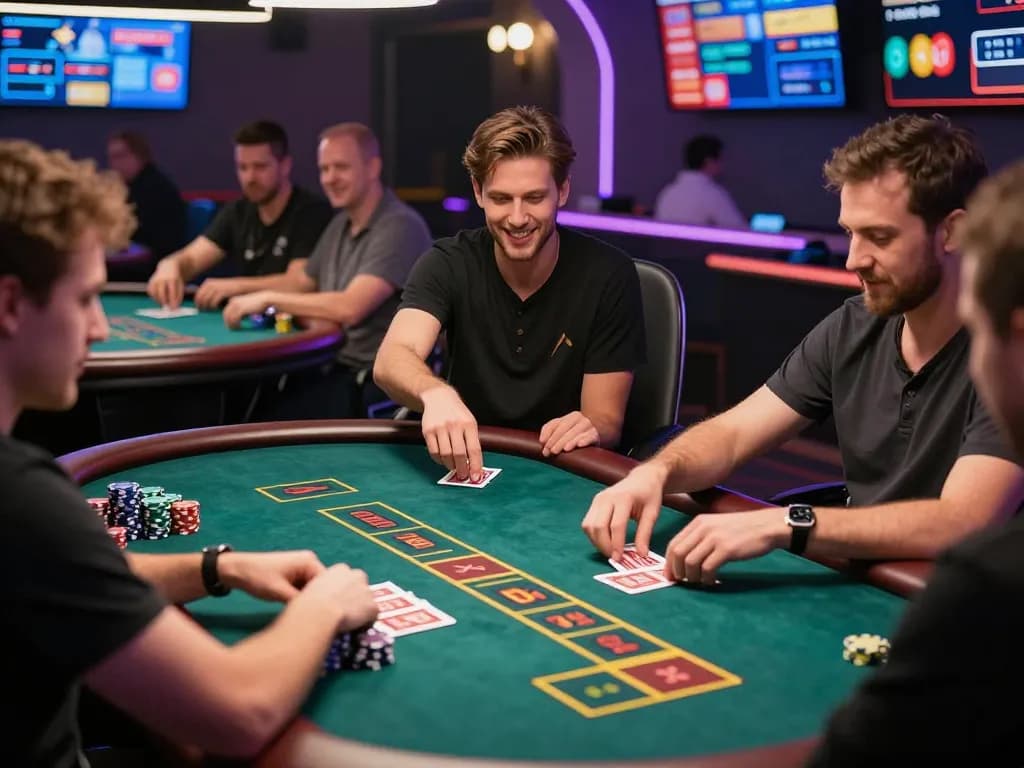 Players experiencing intense moments at XX88 live dealer game with vibrant screens and betting chips.