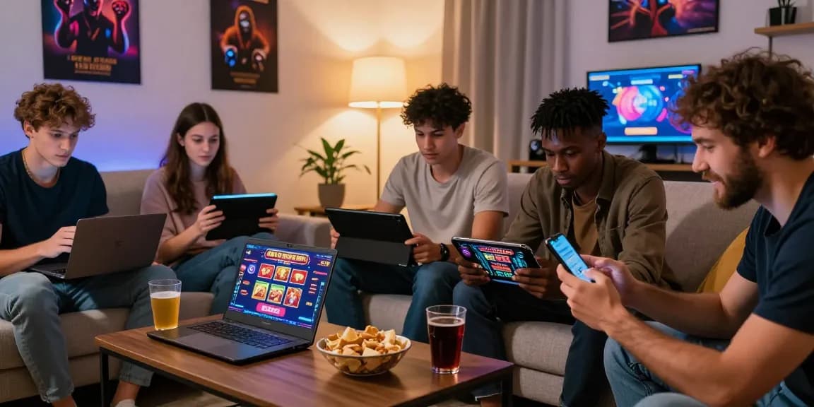 Social gaming moment showcasing friends exploring non UKGC casinos on multiple devices in a cozy setting.