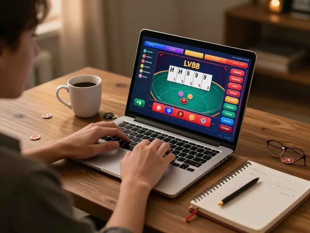 Engaging in LV88 online poker gameplay on a laptop in a cozy room.